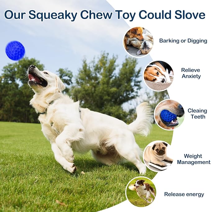 Indestructible Squeaky Dog Ball for Aggressive Chewers, Rubber Interactive Dog Toy for Teething, Relieving Anxiety. Chew Toy for Large, Medium Breeds, Outdoor & Indoor Ball.