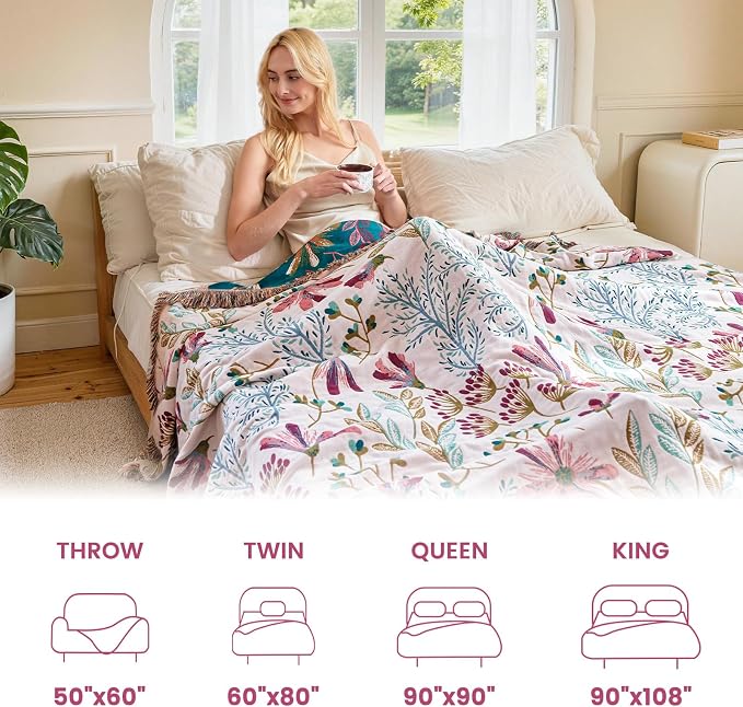MSGKV Boho Throw Blanket 60"x80" 100% Cotton Floral Blanket for Couch Bed | 100% Cotton Muslin, Floral Throw Blanket, Reversible Weave, Lightweight Comfort, Cozy Home Decor, Machine Washable