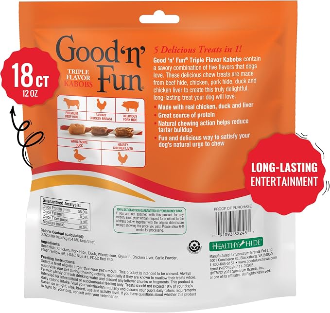 Good 'n' Fun Kabobs Long-Lasting Dog Treat Made With Real Protein, 18 Count | Premium Chicken, Pork and Beef Hide Chew, Supports Dental Health and Mental Stimulation, For Adult Dogs