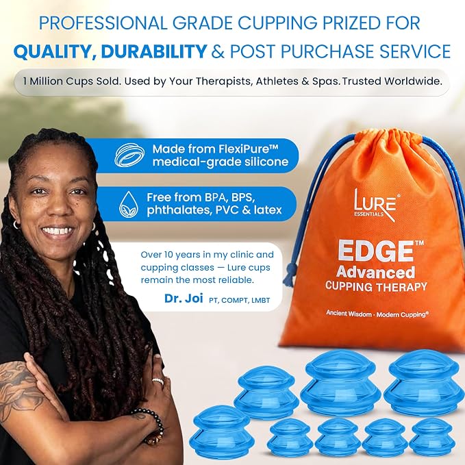Lure Essentials Edge Silicone Cupping Set, Cupping Kit for Massage Therapy, Long Lasting Cups for Professional & Home Use, Body Sculpt Cup for Cellulite, Ultra Transparent Blue (8 Count)