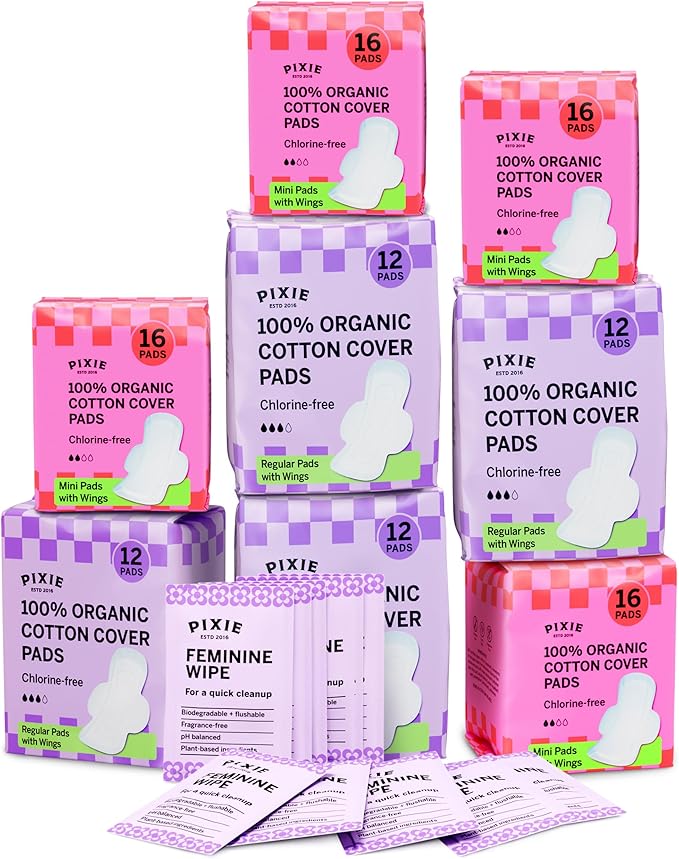 Pixie Organic Cotton Pad Kit for Girls – 64ct Mini & 48ct Regular Pads with Wipes – Leak-Proof with Wings – Perfect for Teens & Light to Average Flow