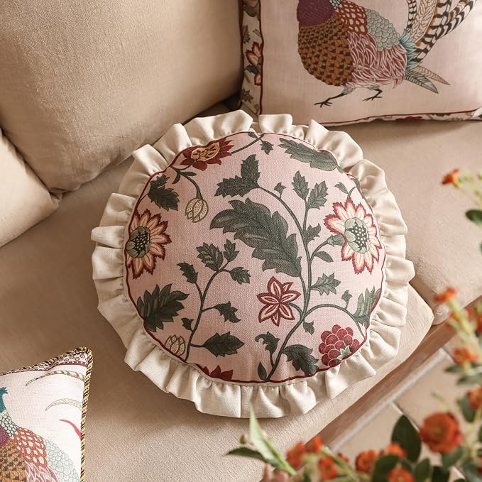 Vintage Linen Throw Pillow Cover,Set of 2,Diameter 16"-Ratina A | Designer Elegant Round Pillow Cover,Concealed Zipper Design,Floral Pattern,Sofa,Bedroom,Living Room,Lounge Chairs