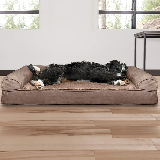 Furhaven Cooling Gel Dog Bed for Large/Medium Dogs w/ Removable Bolsters & Washable Cover, For Dogs Up to 55 lbs - Plush & Suede Sofa - Almondine, Large