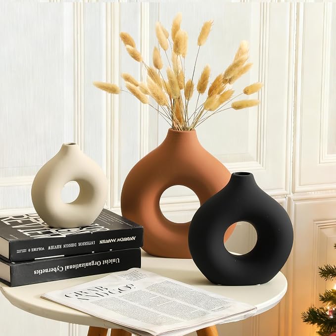 Vanselia Ceramic Vase Home Table Decor - Flower Vases Set of 3 Small Living Room Centerpiece Decorations for Shelf Bedroom Office Kitchen Dining Desk Modern Aesthetic Farmhouse Decorative (Rust)