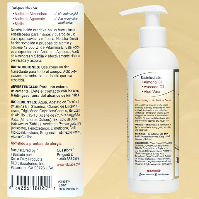 De La Cruz Vitamin E Lotion for Dry Skin 12,000 IU with Avocado Oil, Almond Oil & Aloe Vera.vitamin e moisturizer, Moisturizing body lotion and face lotion for All Skin Types 8 FL OZ Made in USA