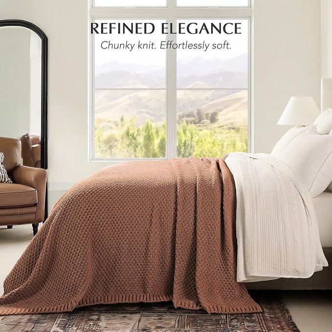 EVERGRACEHOME Chunky Chenille Knit Throw Blanket, 108x92, Terracotta Clay | Sculpted Moss Stitch, Chic Modern Farmhouse, All-Season Warmth, OEKO-TEX® Certified, Oversized King for Couch, Bed, Sofa