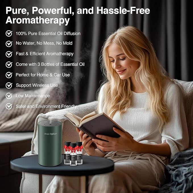 Waterless Essential Oil Diffuser Starter Kit - No Water Needed, Battery Operated Mini Scent Air Machine, Included 3x20ML Essential Oils, Portable Aromatherapy Diffuser for Home & Car & Office, Green
