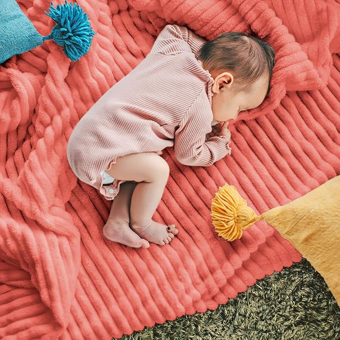 DISSA Fleece Blanket Twin Size – 60x80, Coral - Soft, Plush, Fluffy, Fuzzy, Warm, Cozy – Perfect Throw for Couch, Bed, Sofa - with Pompom Fringe - Flannel Blanket