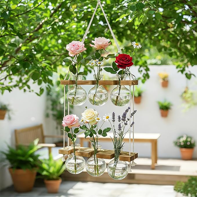 Plant Propagation Station Wall Hanging with 2 Tiered Wooden Stand | Plant Terrarium for Hydroponics Plants, Unique Gardening Gifts for Women Mom Plants Lovers - 6 Bulb Glass Vases