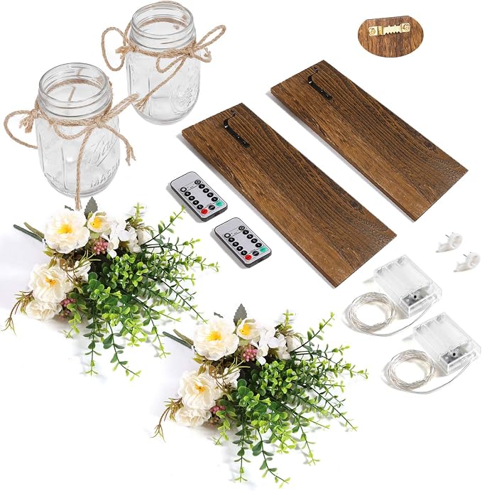 Rustic Wall Sconces Mason Jar Sconces Handmade Wall Art Hanging Design with Remote Control LED Fairy Lights and White Peony, Wall Decor Gift Farmhouse Wall Home Decor Living Room Lights Set of Two