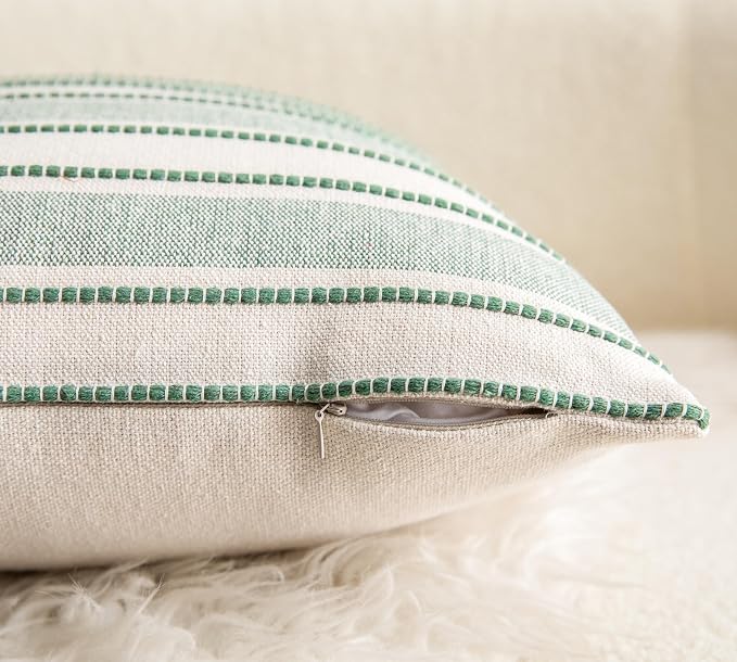 Cethom Decorative Boho Throw Pillow Covers, Farmhouse Textured Pillow Case, 20 x 20 Inch Set of 2, Chair Sofa Bedroom Living Room Home Decor Couch Cushion Case, Green and Beige Striped
