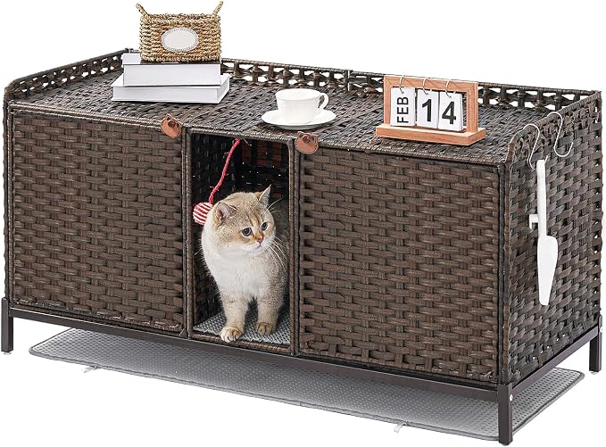 SETVSON Cat Litter Box Enclosure for 2 Cats, Litter Box Furniture, Brown | Beautiful Decorative Furniture Look, Sturdy Iron Frame, 3.2" Heightened Feet, Double Mats, S-Hooks Included, Double Doors