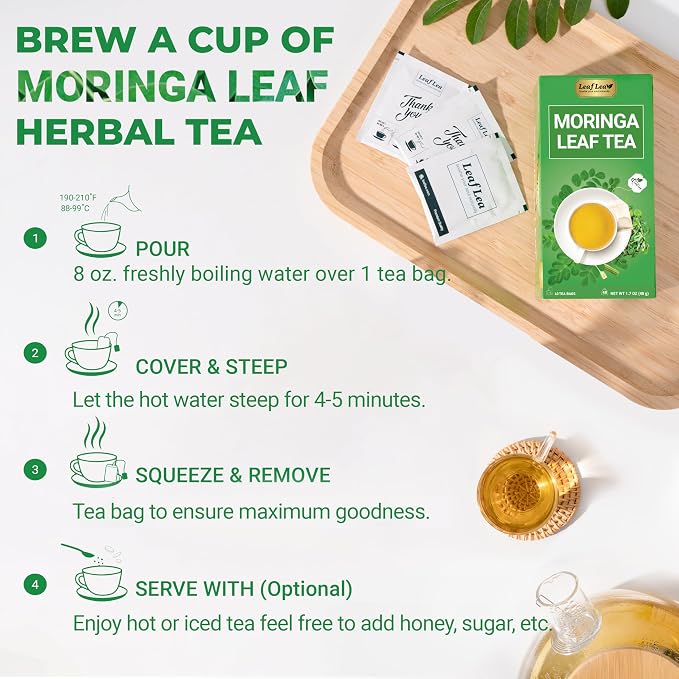 LeafLea Moringa Tea Bags, 100% Pure Moringa Leaf Herbal Tea, 40 Count | Single-Ingredient Moringa Oleifera, Individually Foil-Wrapped for Freshness, Caffeine-Free, Sugar-Free, Vegan
