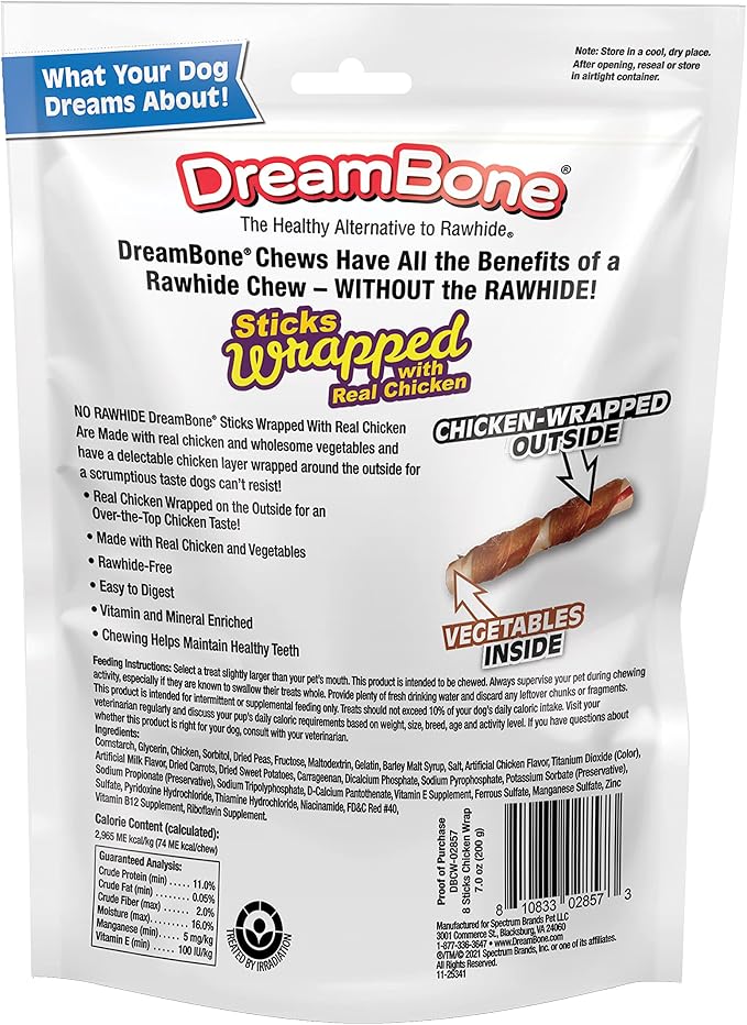 DreamBone Stick Wrapped With Chicken Rawhide-Free Dog Treat, 8 Ct (24 Pack) | Daily Chew, Digests Safely and Completely, Made With Real Protein, Chicken and Veggies, For Adult Dogs