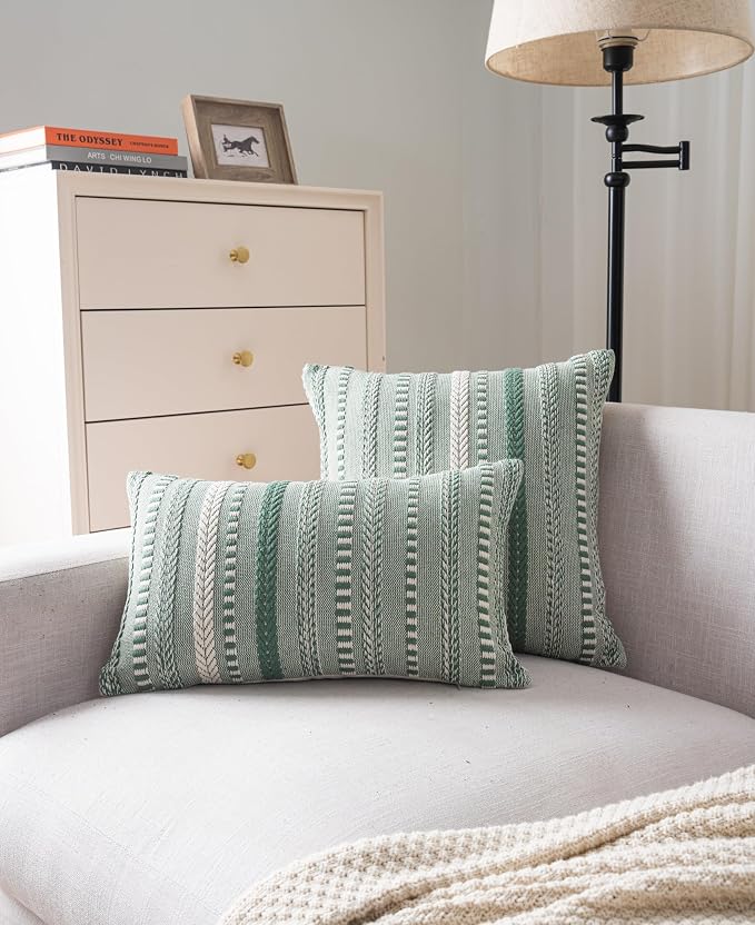 Cethom Boho Throw Pillow Covers 12x20 Inch Set of 2, Farmhouse Decorative Couch Pillow Cases, Light Green Accent Pillows of Bed, Sofa Bedroom Living Room Home Decor Cushion Cover