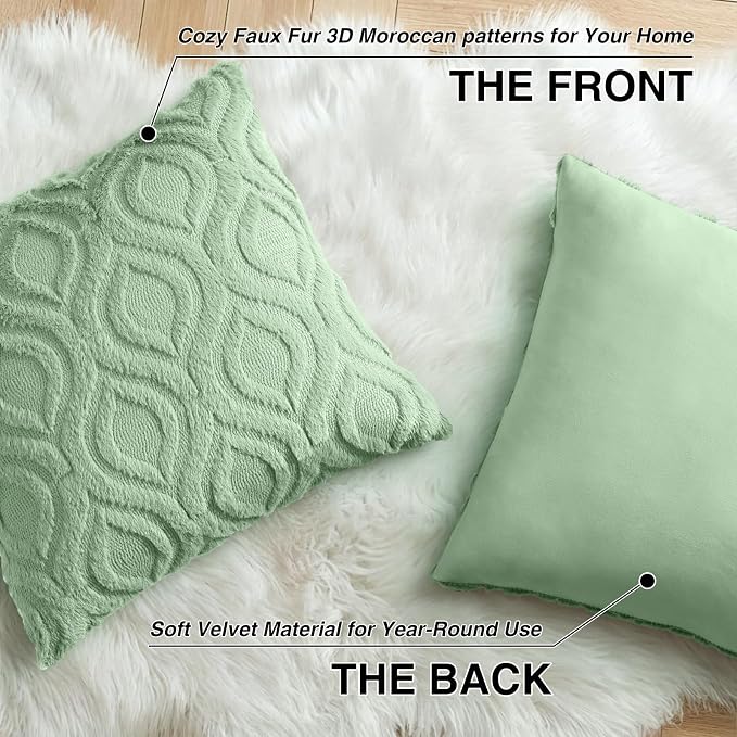 decorUhome Faux Fur Plush Sage Green Throw Pillow Covers 24x24 Set of 2 | Plush Solid Fall Couch Pillow Covers, Accent Modern Farmhouse Neutral Decorative Soft Pillow Cases for Sofa Bed Living Room