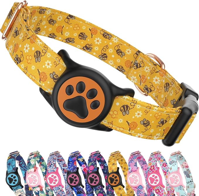 Airtag Dog Collar,with Waterproof airtag Holder，Original Stylish Cute Pattern Design.QR Code ID Buckle，Comfortable Soft Cotton for Small Medium Large Dogs