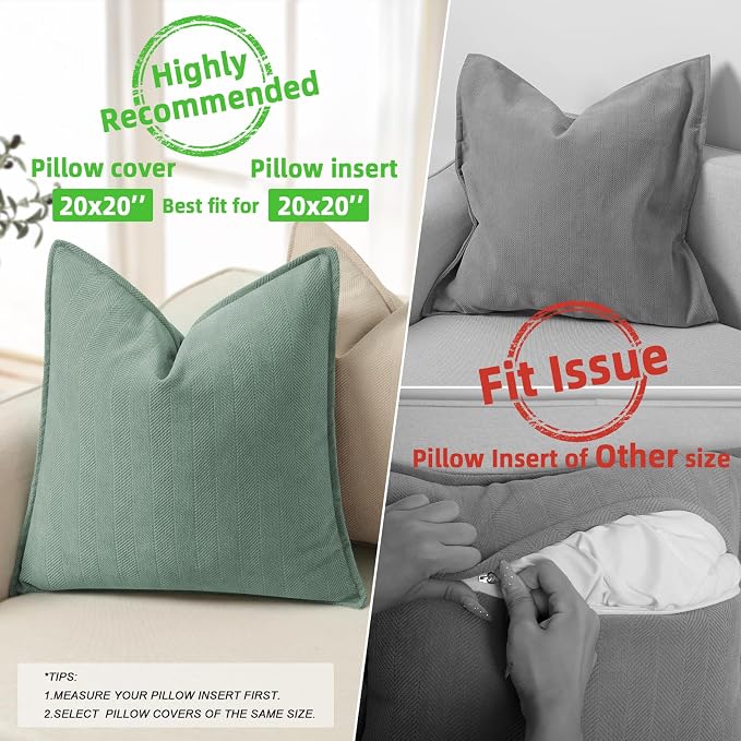 Dusty Green Pillow Covers 20x20 Set of 2 Chenille Throw Pillow Covers with Elegant Design Soft and Luxurious Decorative Throw Pillows for Couch, Bed, and Home Decor