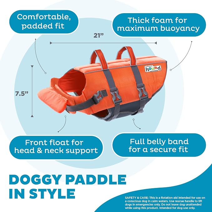 Outward Hound Granby Splash Dog Life Jacket, Life Vest, Orange, XL | Max Buoyancy, Adjustable Fit, Head/Neck Support, Rescue Handle, Reflective, Swimming & Boating, XL Dogs (33–44" Girth)