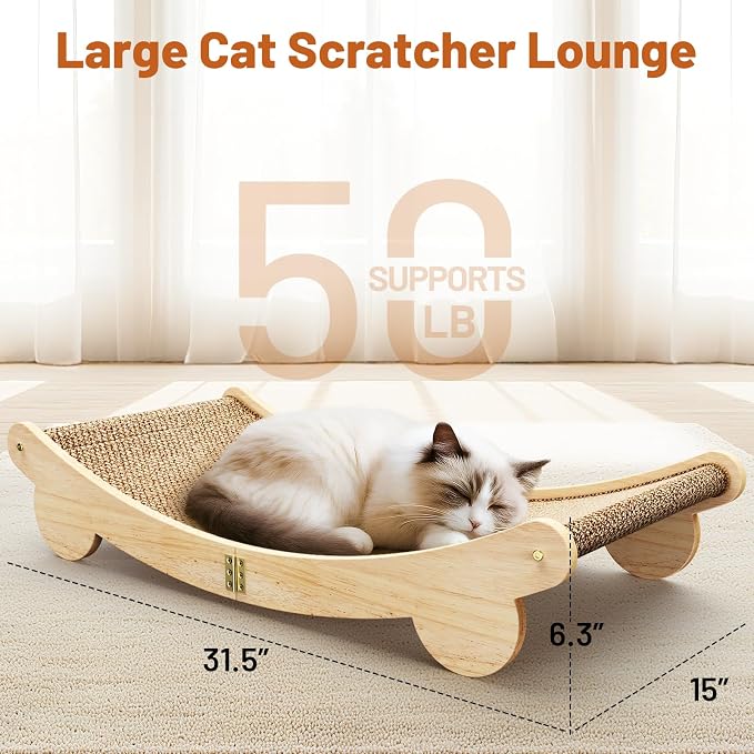 Extra Large 31.5" Cat Scratcher Bed - Sisal-Style Lounge for Indoor Cats | Scratch Pad & Lounge, Modern Wooden Cat Furniture, Protects Sofa & Carpet, for Scratching & Resting, for Large/Multi-Cat Home