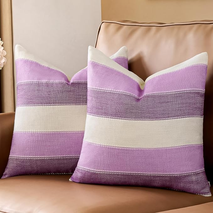 Pack of 2 Farmhouse Stripe Check Throw Pillow Covers Set Case Cotton Linen Decorative Pillowcases Cushion Cover for Couch Bench Sofa 16x16 Inch Purple