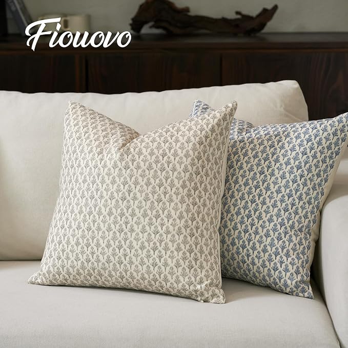 FIOUOVO Floral Pillow Covers 18x18 Pillow Cover Block Print Couch Pillows for Living Room Decorative Neutral Accent Throw Pillow Covers, 1PC, Light Taupe