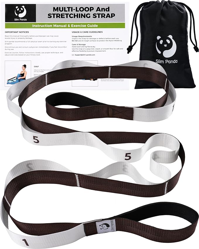 Slim Panda Stretching Strap with Loops - Non-Elastic Heavy Duty Nylon Yoga & PT - Oversized Multi-Loop Home Rehab - Hamstring Shoulder Pilates Flexibility