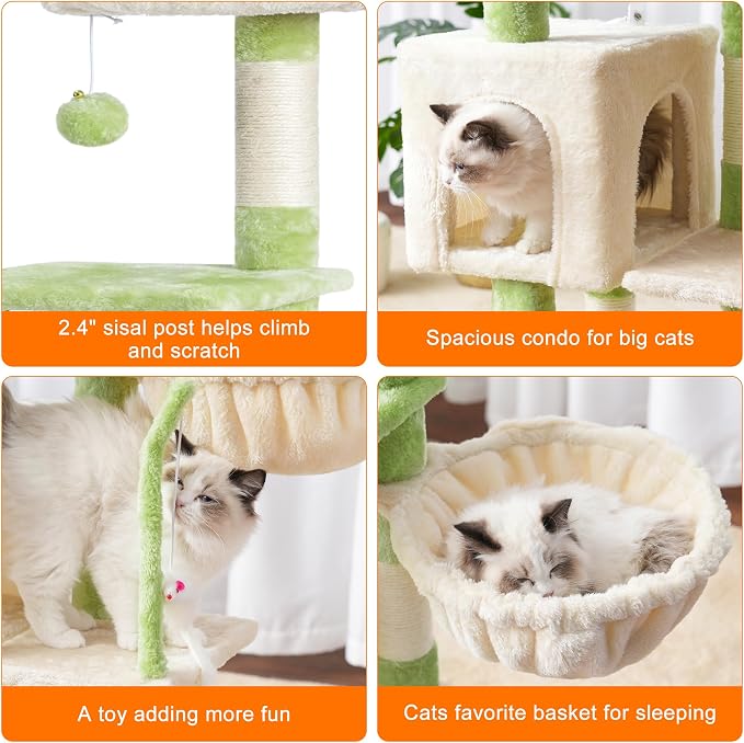 Heybly Cat Tree with Toy, 43.3 inch Cat Tower for Indoor Cats HCT004SGM | Cat Condo with Durable Sisal Scratching Posts, Cat House with Padded Plush Perch, Cozy Hammock, Green and Beige