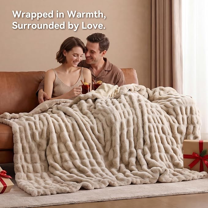 Linen Fluffy Blanket for Couch - Luxury Faux Rabbit Fur 50"x60" | Ultra Soft & Plush Comfort Ruched Blanket, Cozy Fuzzy Fleece Throw for Sofa, Bed & Office, Gift for Women, Linen Room Decor