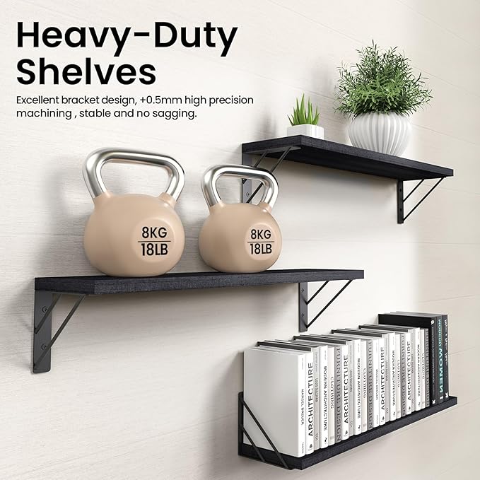 BAYKA Wall Mounted Floating Shelves, Wood Floating Wall Shelf for Books & Decor, Small Space-Saving Display & Organizer（Black，23in，Set of 3）