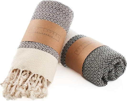 BAY LAUREL Turkish Hand Towel – Pack of 2 | Soft & Absorbent Decorative Towels for Bathroom, Hand, Face, Hair, Gym, Yoga, SPA, Kitchen & Tea | Boho Decor (Latte, Diamond 15x26 Inches (Set of 2)