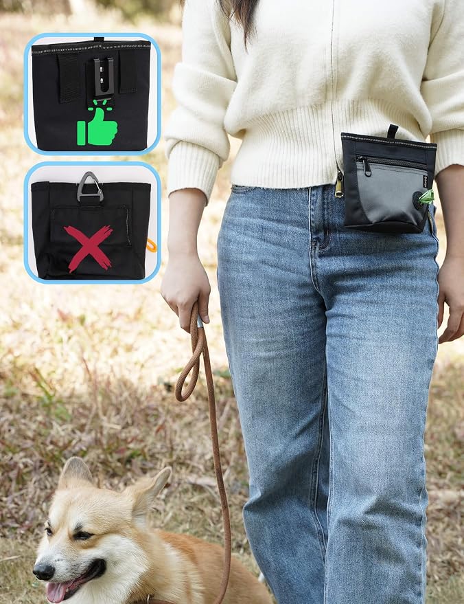 Gobeigo 2 Cup Dog Treat Pouch with Training Clicker(Black/Gray) | 2 Pair Magnetic Closures, Zipper Pocket with Poop Bag Holder, Waist Belt & Metal Clip to Wear for Pet Training/Daily Walking