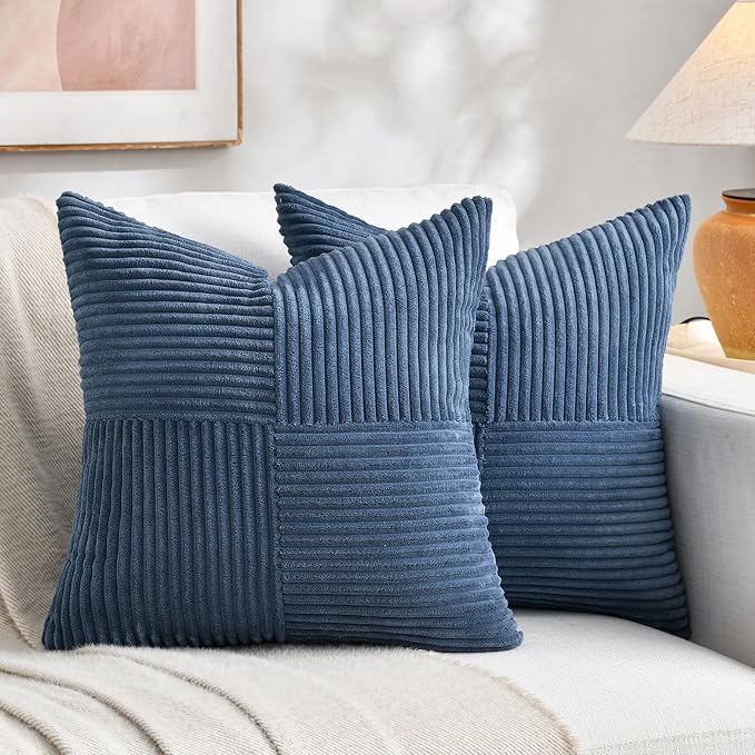 Fancy Homi Dusty Blue Decorative Throw Pillow Covers 22x22 Inch for Living Room Couch Bed Sofa, Farmhouse Boho Home Decor, Soft Corss Corduroy Patchwork Accent Square Cushion Case 55x55 cm