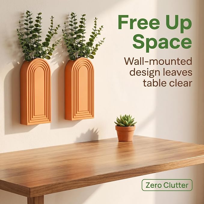 Dnnnii 2 Pack Wooden Wall Vase Set - Orange Finish Modern Farmhouse & Boho Wall Decor for Entryway, Hallway, Bathroom, Living Room, Dining Room, Narrow Spaces