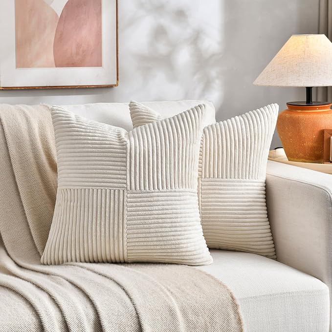 Fancy Homi Set of 1 Cream Square Decorative Throw Pillow Covers 14x14 Inch for Living Room Bedroom Couch Bed Sofa, Soft Striped Corduroy Modern Rectangle Accent Cushion Case 35x35 cm
