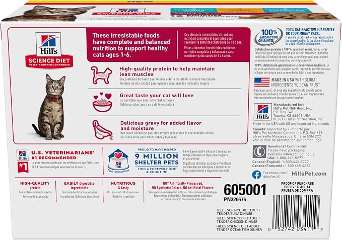 Hill's Science Diet Adult 1-6 Wet Cat Food Variety Pack | #1 Veterinarian Recommended, Chicken, Tuna, & Ocean Fish, 2.8 oz. Pouches, 12-Pack