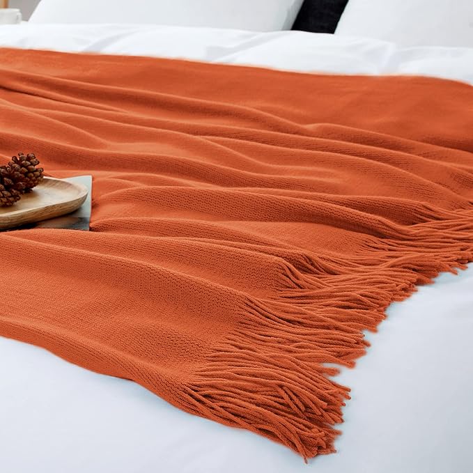 Vonty Rust Orange Knitted Throw Blanket with Tassels Fringe, 60x80 Acrylic | Super Soft And Lightweight, Year-Round Cozy Warmth, Farmhouse Decorative Style, Machine Washable, for Couch, Sofa or Bed