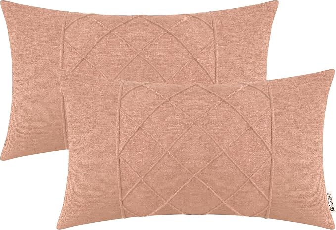 BRAWARM Chenille Throw Pillow Covers 12x20 Inches, Dusty Pink, 2 Pack | Decorative Lumbar Pleated Pillow Covers, Soft Cushion Cases for Sofa Bed Living Room Home Farmhouse (No Insert)