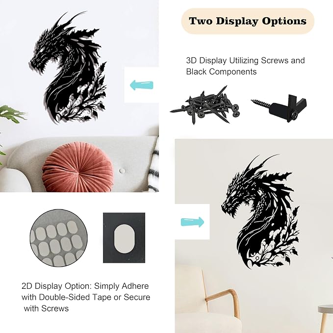 Black Metal Dragon Wall Art, 3D Medieval Decor for Men Cave, Fantasy Gift | 3D black dragon wall sculpture, perfect medieval fantasy decor for man caves, game rooms, or unique gifts