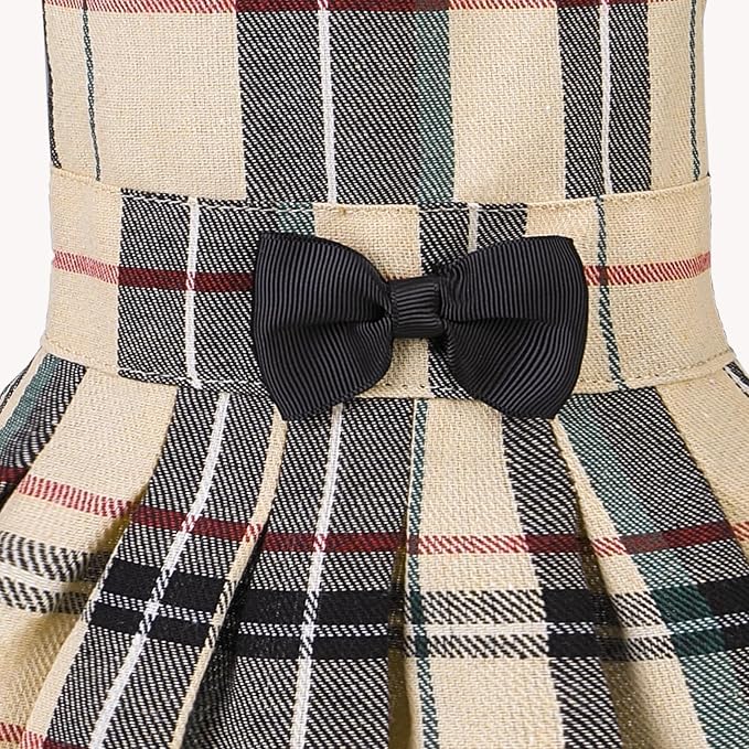 PUPTECK Classic Beige Plaid Dog Dress with Bow Puppy Skirt Clothes L | Cute Chic Cat Puppy Clothes for Small Medium Large Dogs Girl Pet Apparel Outfits Costume for Birthday Wedding Party Holiday