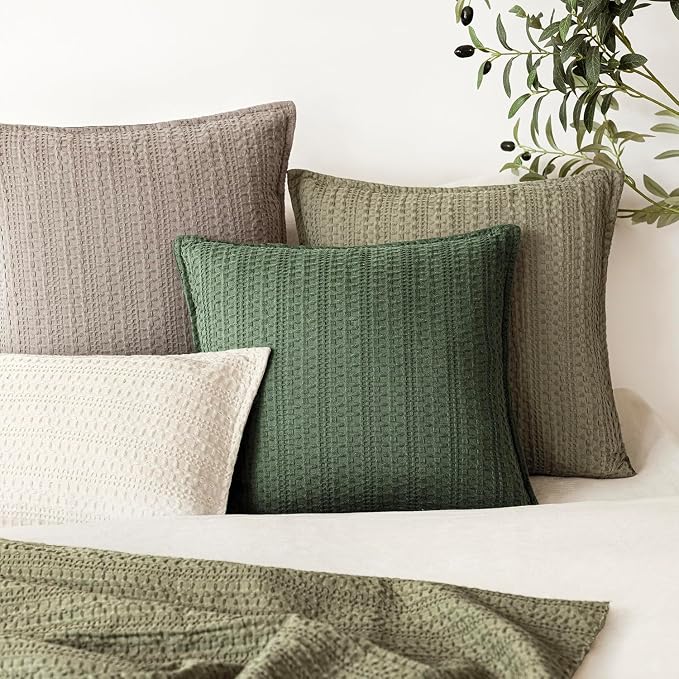 Foindtower Set of 2 Decorative Cotton Waffle Weave Throw Pillow Covers Euro Shams Cushion Covers Accent European Pillowcase for Bed Couch Sofa Bedroom Living Room Home Decor 22×22 Inch Dark Green