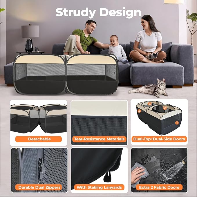2-in-1 Pop Up Cat Playpen, Detachable into 2 Separate Pens with Additional Doors, Assembly-Free Portable Dog Crates Pet Pen Tent Kennel Kitten Puppy Enclosure Cage Indoor Outdoor Foldable Condo(M)