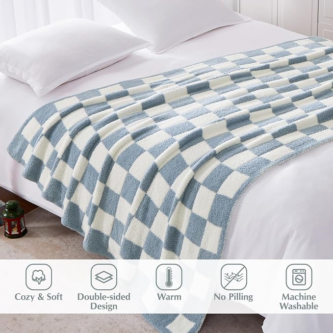 Soft Checkered Throw Blanket for Couch-Cozy Warm Knitted Blankets | Lightweight Warm Fluffy Decor for Women, Mom, Her & Girls, Sofa, Chair, Bed, 50x60in,Grey Blue