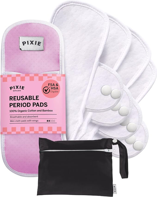 Pixie Cotton Cloth Pads for Feminine Care - 100% Organic Reusable Pads - Ranked 1 for Softest Menstrual Sanitary Napkins - Machine Washable & Includes Free Wet Bag - Menstrual Liner (Mini)