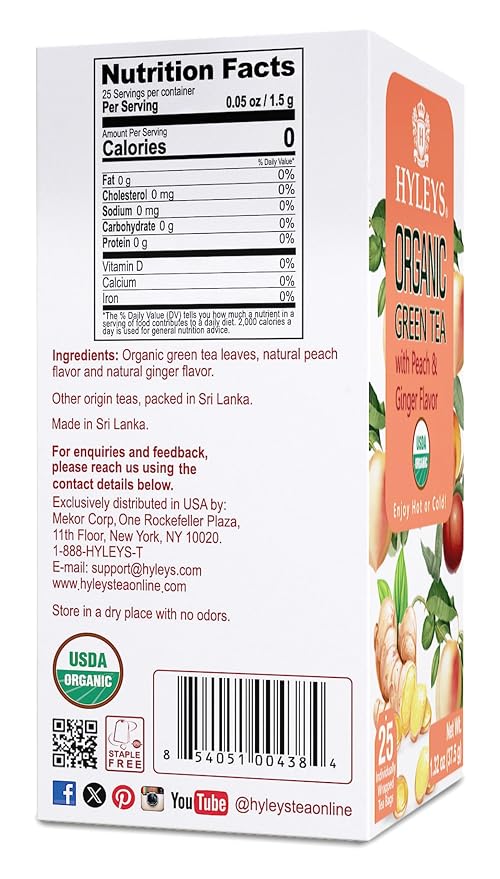 HYLEYS Organic Green Tea, Peach and Ginger Flavor - 25 Individually Wrapped Tea Bags - USDA Organic - Kosher & Vegan