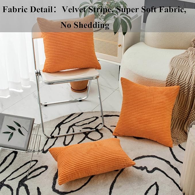 Home Brilliant Burnt Orange Throw Pillow Striped Corduroy Plush Velvet Pillow Cover for Living Room Bed, Orange, 24x24 inches (60cm)