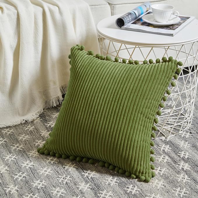 Fancy Homi Pack of 2 Moss Green Decorative Throw Pillow Covers with Pom-poms, Soft Corduroy Solid Square Cushion Cases Set for Couch Sofa Bedroom Car Living Room (18x18 Inch/45x45 cm, Moss Green)