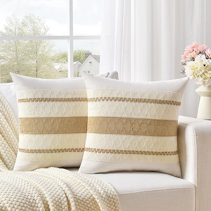 Fancy Homi Set of 1 Tan Neutral Decorative Throw Pillow Cover 22x22 Inch for Couch Bed Sofa, Aesthetic Modern Organic Farmhouse Boho Home Decor, Soft Cotton Cute Accent Macrame Woven Cushion Case Gift