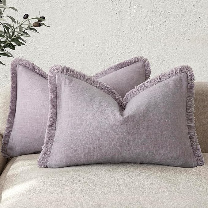Foindtower Set of 2 Decorative Linen Fringe Lumbar Throw Pillow Covers Boho Farmhouse Cushion Cover with Tassels Soft Accent Pillowcase for Couch Sofa Living Room Home Decor,12×20 Inch,Light Purple