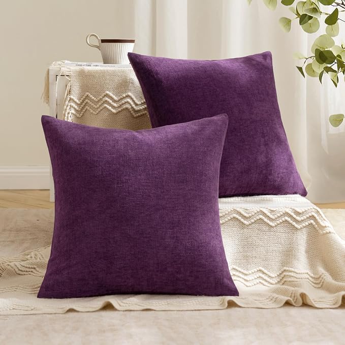 MIULEE Plum Purple Chenille Couch Throw Pillow Covers, 20x20 | Set of 2, Soft Farmhouse Modern Home Decor, Decorative Pillowcases for Sofa Living Room Bed